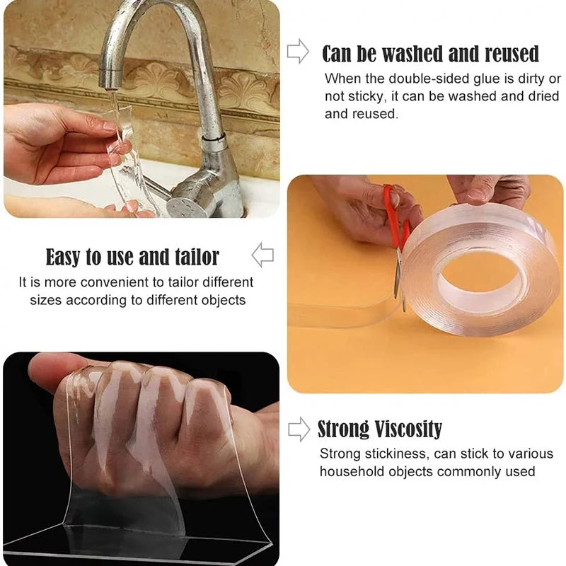 1/3/5M Double Sided Tape Transparent Acrylic Reusable Waterproof